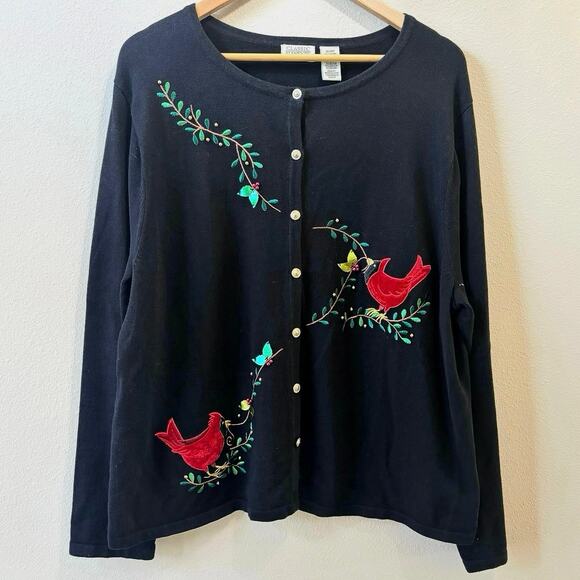 Classic Elements Sweaters - Red Cardinal Embroidered Winter Holiday Cardigan